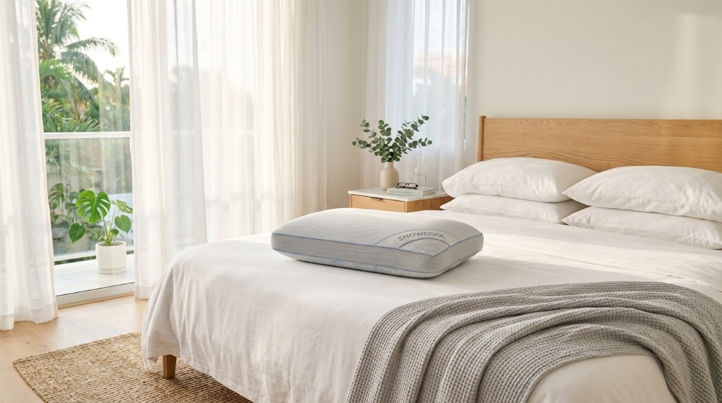 A breathable cooling pillow on a crisp white bed in a bright, sunlit tropical bedroom.