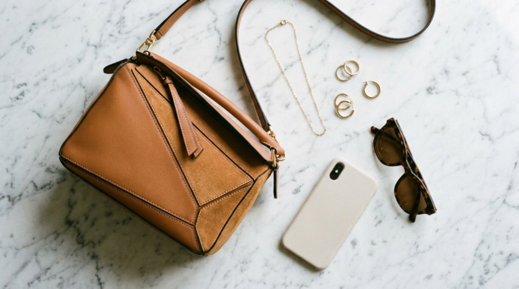 Close-up flat lay of a puzzle crossbody bag styled with minimalist gold jewelry.
