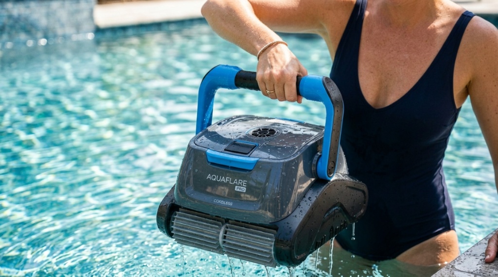 Robotic pool cleaner scrubbing the floor of a modern residential swimming pool