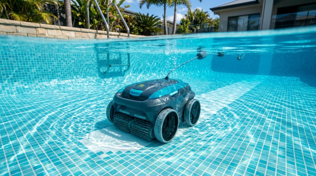 Homeowner lifting a lightweight robotic pool cleaner out of the water by its handle