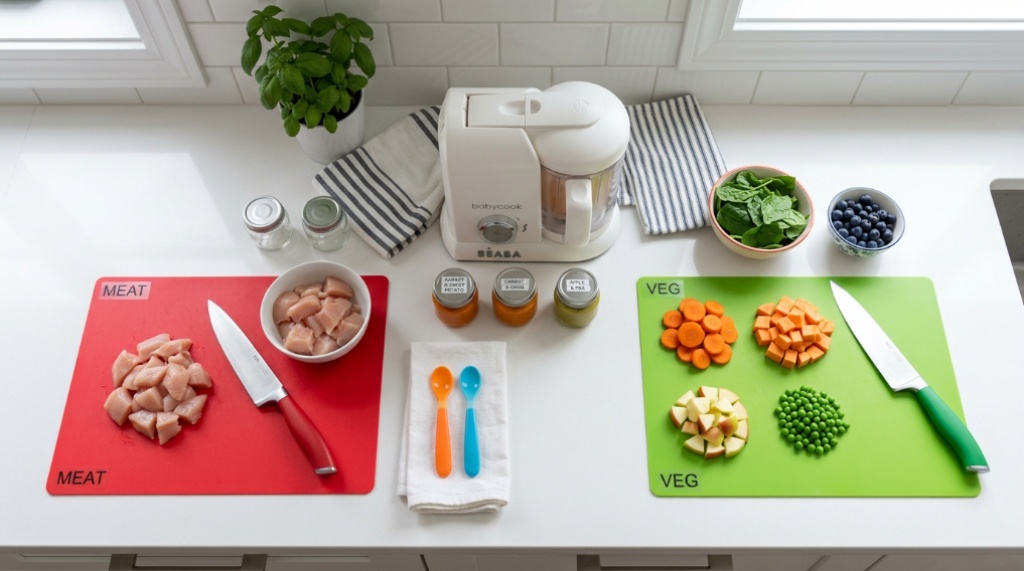 Color-coded cutting boards and knives on kitchen counter.