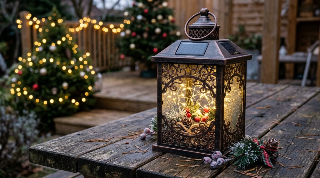 Close-up of a rustic solar Christmas lantern glowing on an outdoor table.