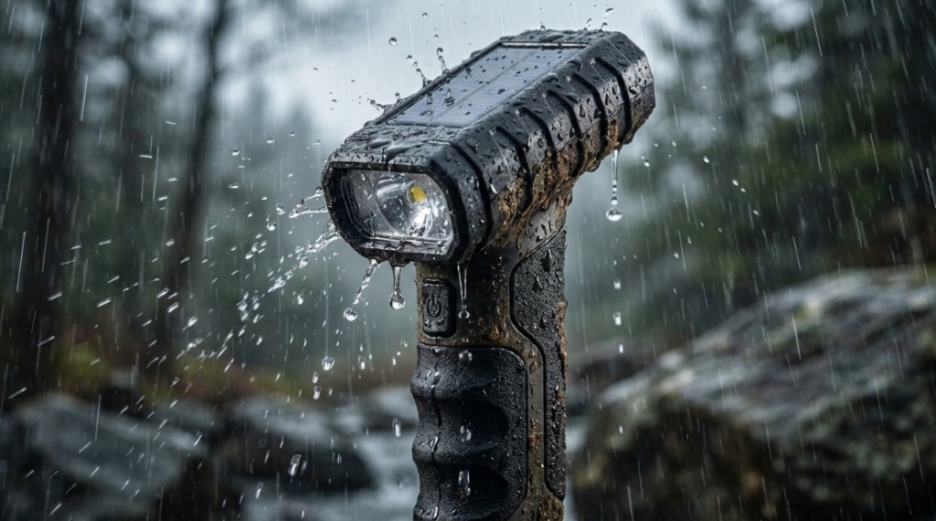 Close-up of a weather-resistant solar torch light facing heavy rain.